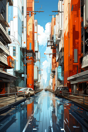 Modern city street with high-rise buildings and skyscrapers. 3d renderingの素材