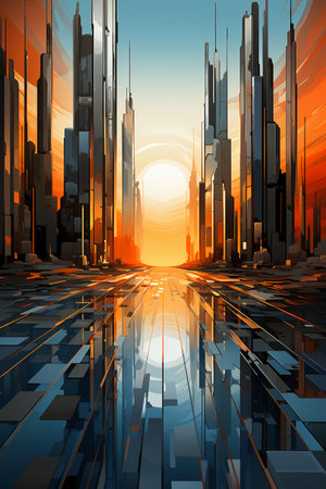 Abstract futuristic city with skyscrapers and sun. Vector illustration.の素材