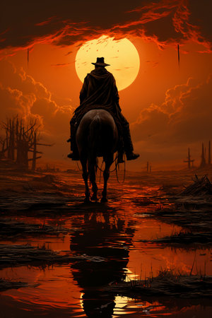 Illustration of a cowboy riding a horse in the desert at sunsetの素材