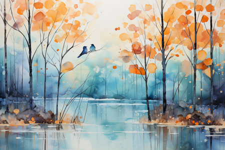 Watercolor autumn landscape with trees, river and birds. Digital painting.の素材