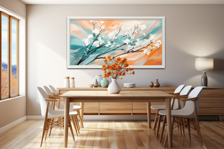 Interior of modern dining room with wooden table and chairs. Mock up, 3D renderingの素材
