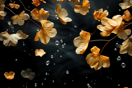 Branch of yellow ginkgo leaves with water drops on black backgroundの素材