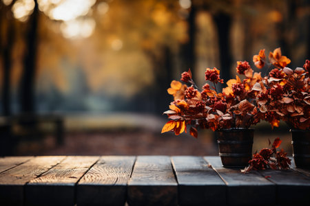 Autumn background with wooden table and bokeh of autumn treesの素材