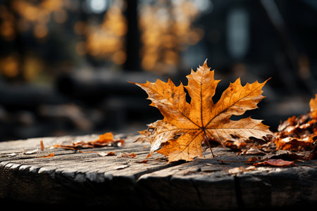 Autumn maple leaf on old wooden table in park, selective focusの素材