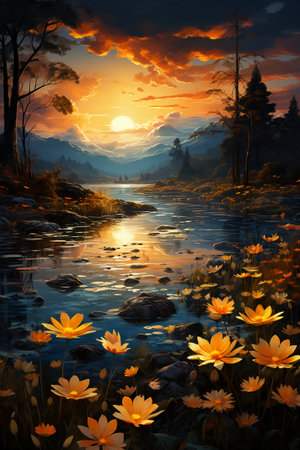 Beautiful sunset over a lake with yellow flowers. Digital painting.の素材