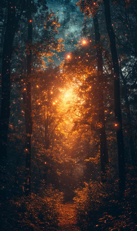 Mysterious autumn forest with fog and sunbeams. Magical mood.の素材