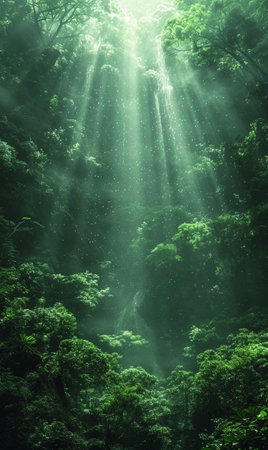 Mountain landscape with sunbeams shining through the green forest.の素材