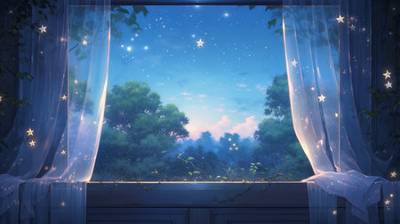 Illustration of a fantasy night landscape with a window and curtains.の素材