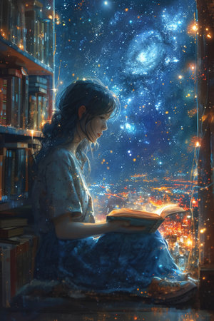 Girl reading a book on the windowsill against the background of the night skyの素材