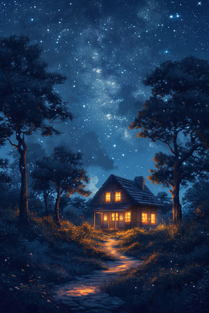 Old wooden house in the forest at night. Digital painting illustration.の素材