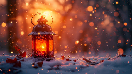 Lantern in the winter forest. Christmas and New Year background.の素材