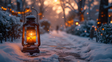 Lantern in the snow in the park. Christmas background.の素材