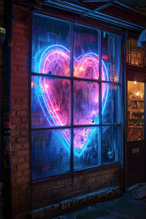 Neon heart on the window of a restaurant in New York Cityの素材