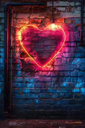 Neon heart on brick wall background. Valentine's Day concept.の素材