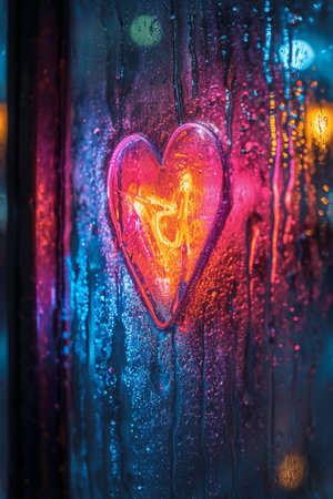 Heart shape on the wet glass with bokeh light, love conceptの素材