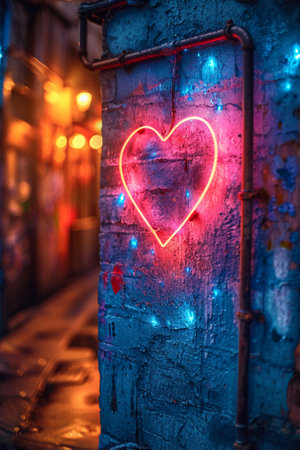 Valentine's Day neon lights on blue brick wall background.の素材