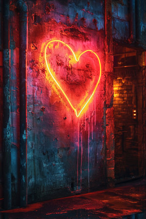 Neon heart in the old door. Valentine's day concept.の素材