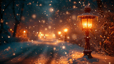 Winter street lamp on a snowy road at night. Christmas background.の素材