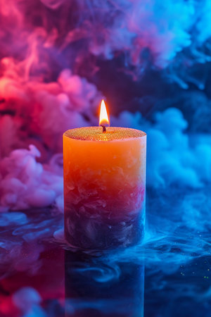 Burning candle on a black background with blue and red smoke.の素材