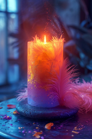 Burning candle on a dark background with feathers and petals.の素材