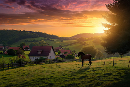 Horse in the meadow at sunset in the Czech Republic.の素材