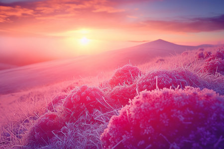Beautiful winter landscape. Sunrise over the meadow with grass and flowersの素材