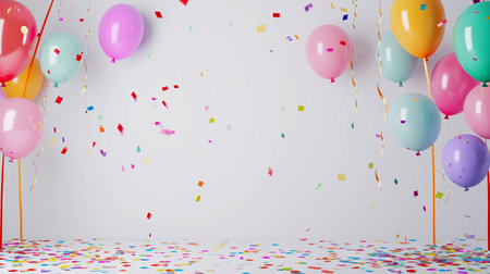 3d render of colorful balloons and confetti on white wall backgroundの素材