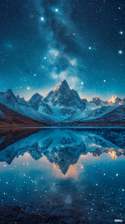 Mountain landscape at night with starry sky and reflection in waterの素材