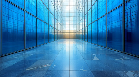 3D rendering of a modern office building with glass walls and floorの素材