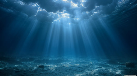 Underwater view of blue sea with sun rays and coral reef.の素材