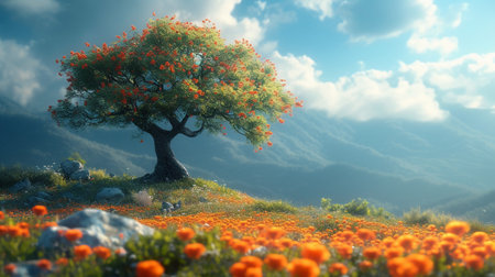 poppies and lonely tree in the mountains. 3d render