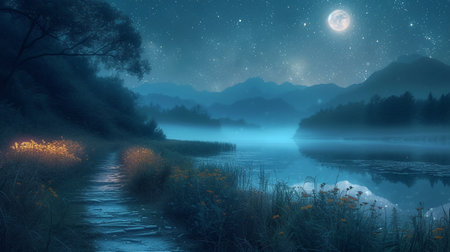 Fantasy landscape with lake and mountains at night in full moon lightの素材