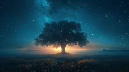 Tree in the field at night with stars and milky way.の素材