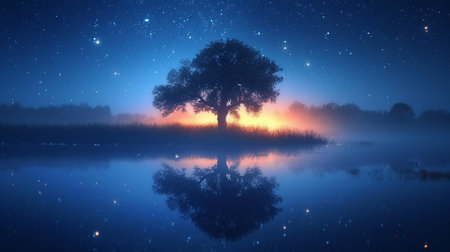 Fantasy landscape with a lonely tree in the middle of the lake.の素材