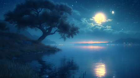 Full moon over a lake with a tree in the foreground, 3d renderの素材