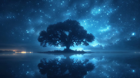 Fantasy landscape with tree and moon in the fog. 3d renderingの素材