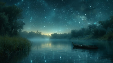 Fantasy night landscape with a boat on the lake and the Milky Wayの素材