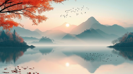 Autumn landscape with lake and mountains in fog, vector illustration.の素材