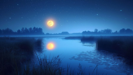 Foggy night landscape with a lake and a full moon.の素材