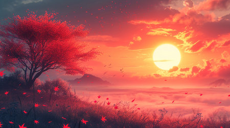 Autumn landscape with red leaves and sun. 3d illustration.の素材