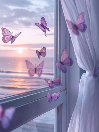 Butterflies on the window at sunset in the morning. Nature backgroundの素材