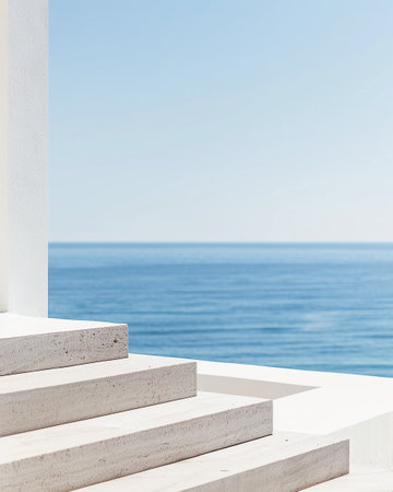 White stairs with sea view on background. Vacation and travel conceptの素材