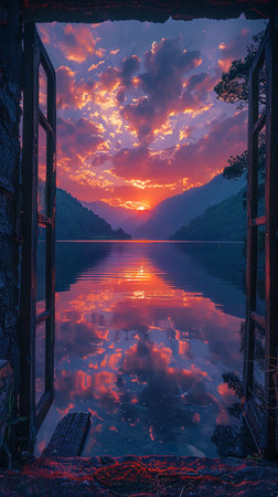 Reflection of a sunset in the water of a lake in the mountainsの素材