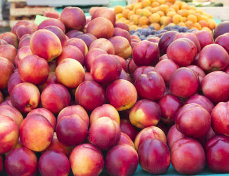 Closeup - group of colorful nectarine and apricot fruits on Mediterranean market  selective focus on nectarineの写真素材