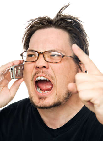 a man using a cell phone on a white backgroundの写真素材