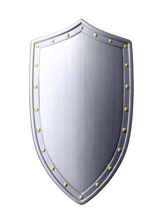 Heavy metal and steel silver grey shield with gold steel ball in white backgroundの写真素材