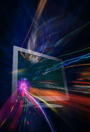 colorful thread through with computer in fantasy shutter style dark blue backgroundの写真素材