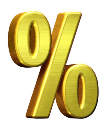 Metal golden % percent, percentage symbol isolated white backgroundの写真素材