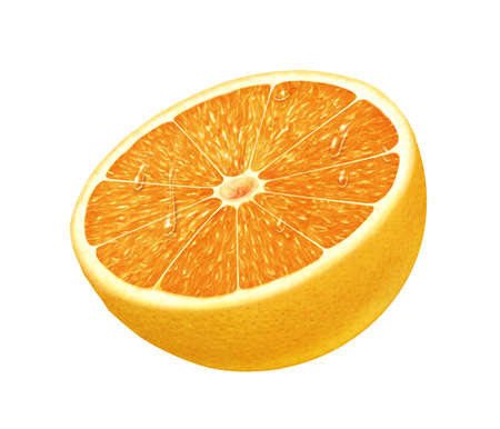 juicy fresh water drops cross section of orange with white backgroundの写真素材