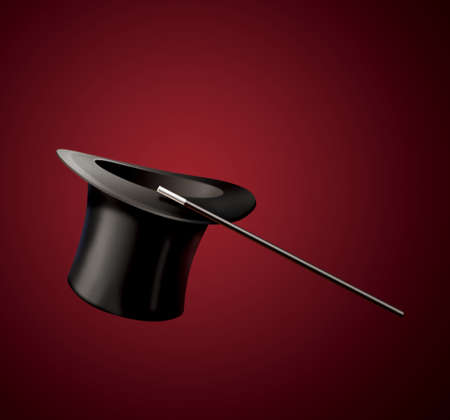 magic black hat and magic wand isolated on red backgroundの写真素材